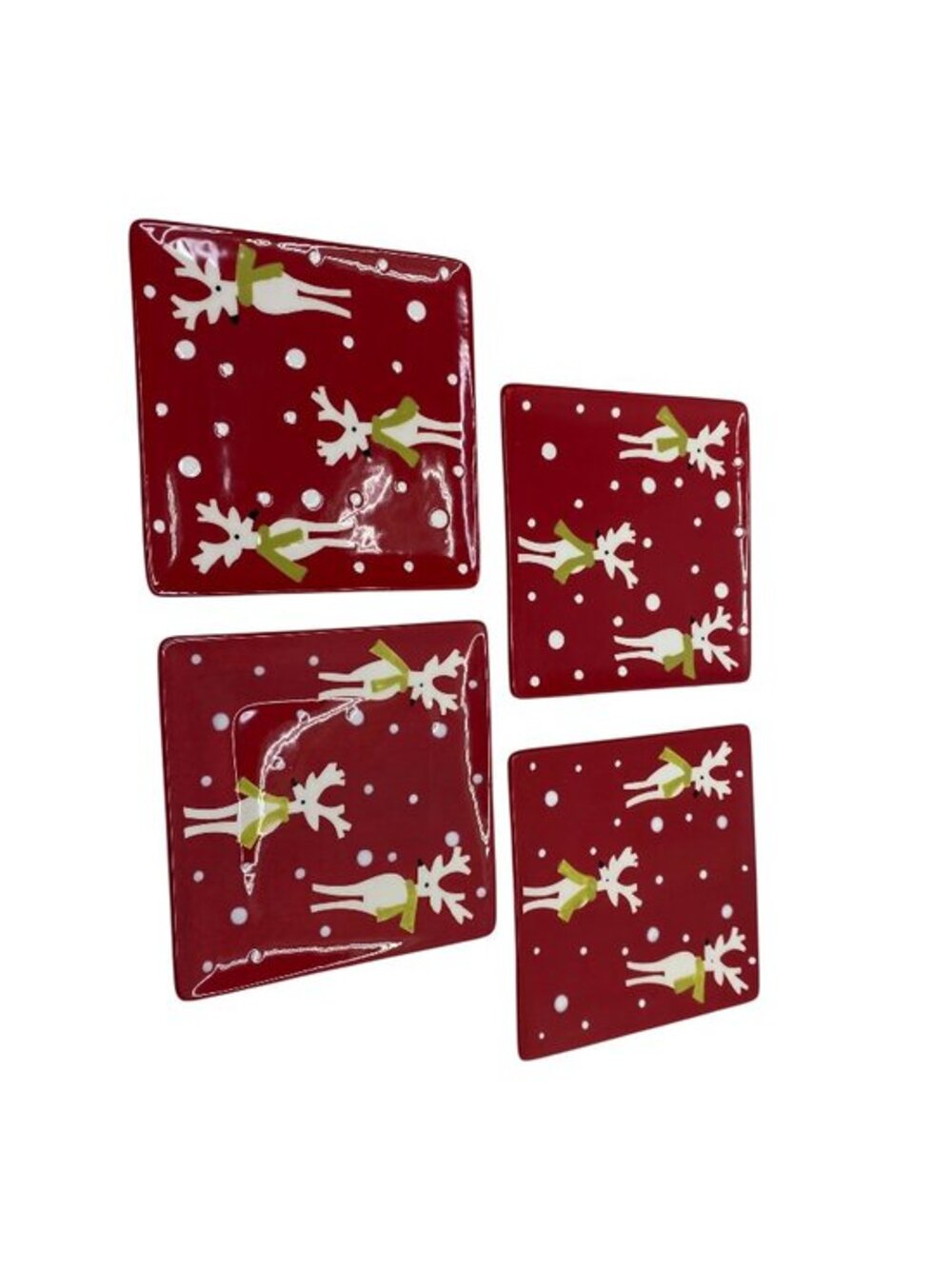 Christmas Reindeer Appetizer Plates Set 4 Red Ceramic 6in Square Holiday Decor